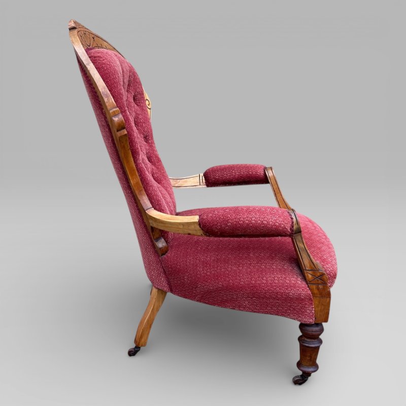 Antique Victorian Satin Burch Red Button Back Armchair with Turned Legs - Image 7